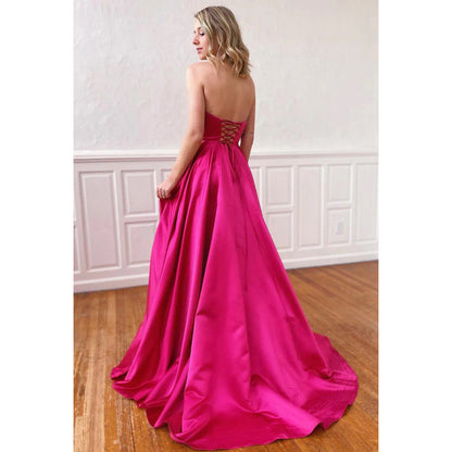 Strapless Sleeveless Lace-Up Satin A-Line Long Prom Evening Dress With Slit