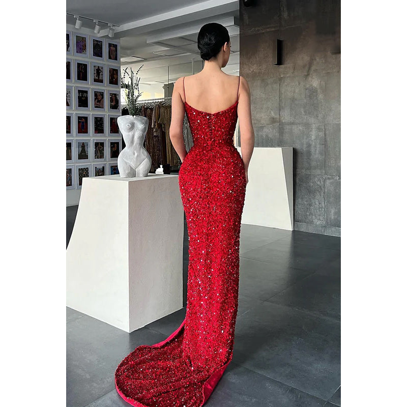 V-Neck Spaghetti Straps Sequined Sheath Long Prom Gown With Slit