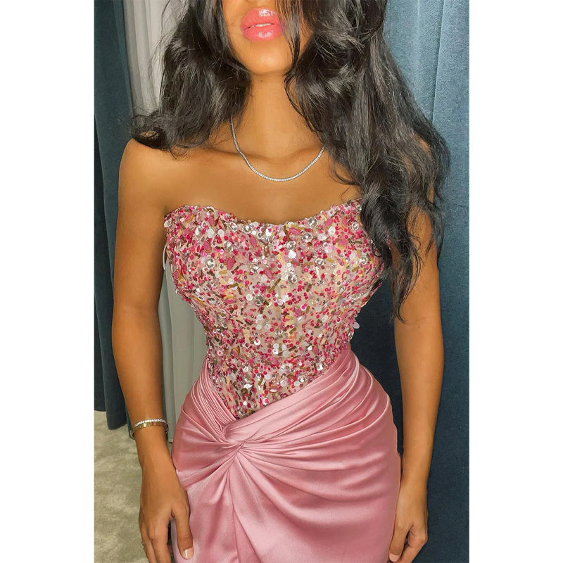 Strapless Sequins Beaded Top Long Prom Formal Dress with Slit