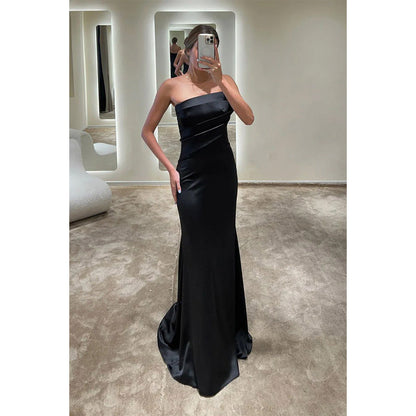 Sheath/column Strapless Satin Pleats Long Formal Evening Dress