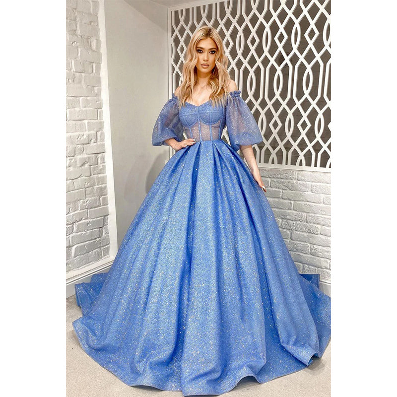 Unique Off The Shoulder Half Sleeves Sparkly Prom Ball Gown