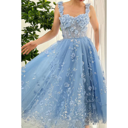 Sweetheart A-line Tulle Floral Appliqued Party Prom Evening Dress