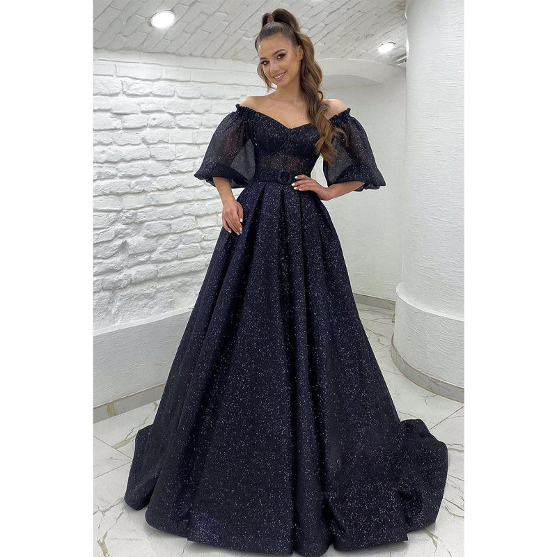 Unique Off The Shoulder Half Sleeves Sparkly Prom Ball Gown