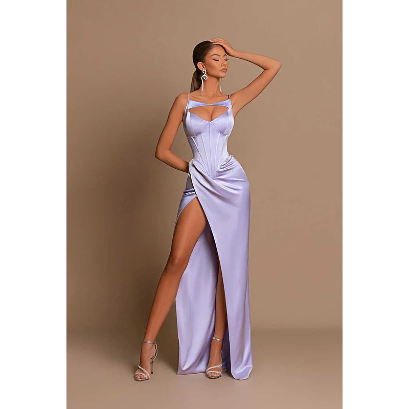 Spaghetti Straps Cut Outs Long Prom Evening Formal Dress With Slit