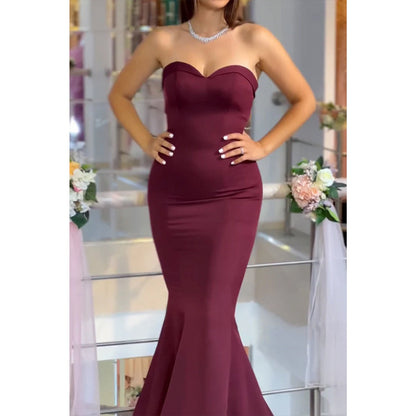 Elegant Mermaid Strapless Burgundy Long Prom Dress Evening Gowns