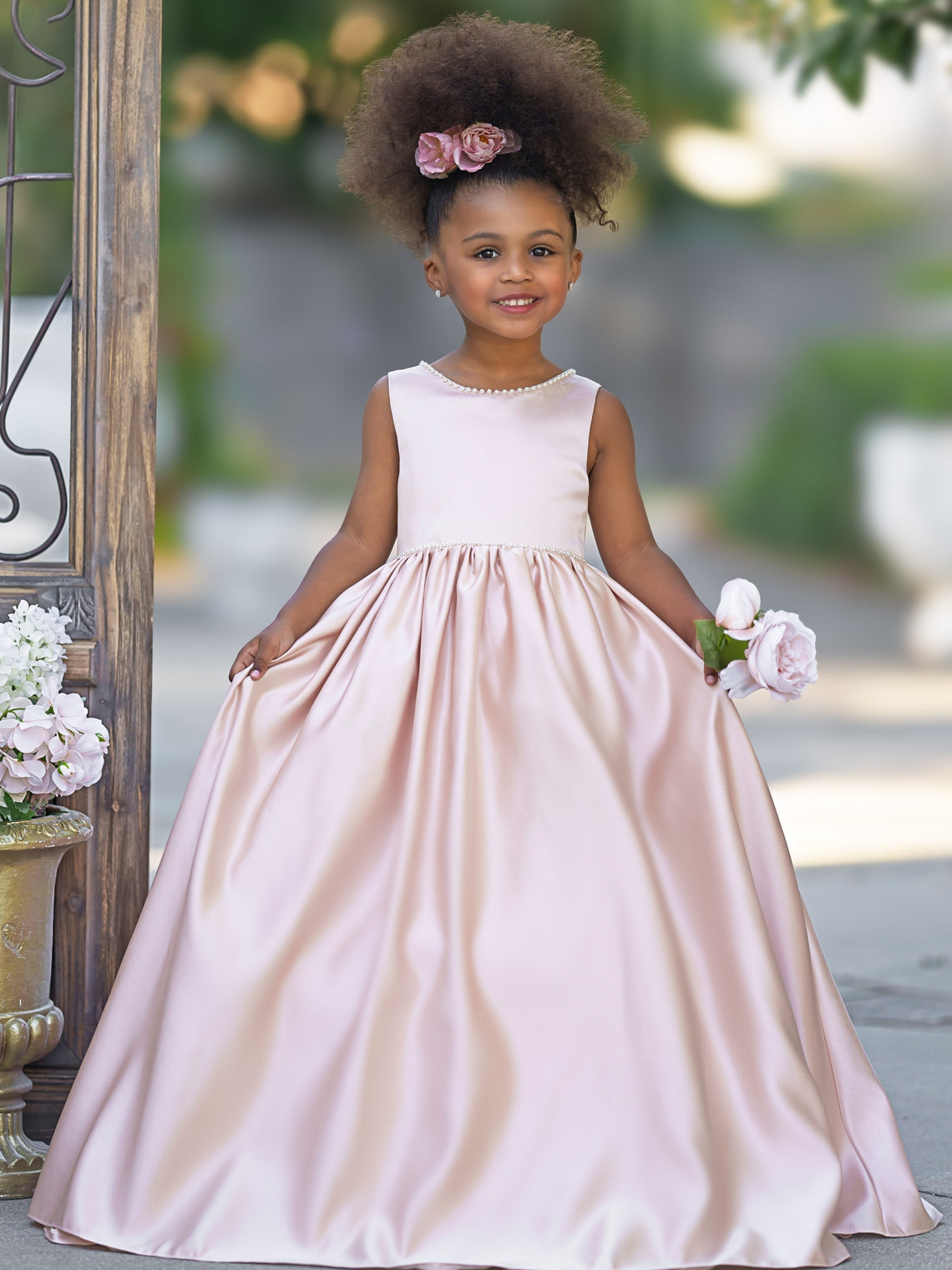 Pink Sleeveless Satin Beaded Neckline and Bow Detail Dress