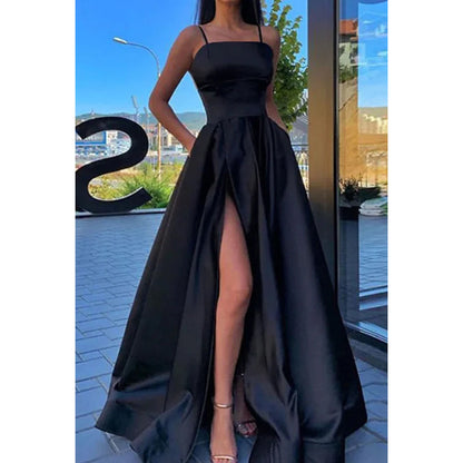 Spaghetti Straps Satin A-Line Long Prom Evening Gown With Slit