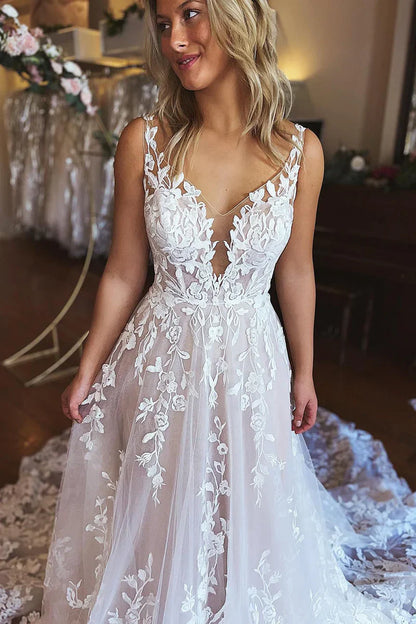 Wedding Dress A-Line V-Neck Backless Long Lace