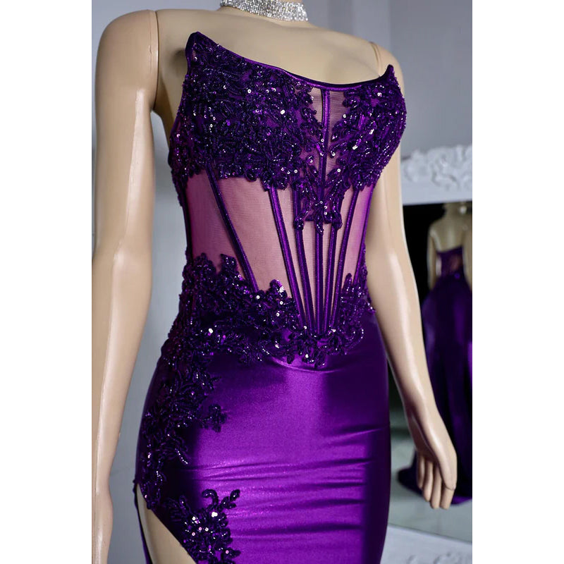 Elegant & Luxurious Scoop Sleeveless Sheath Side Slit Lace Evening Prom Dress