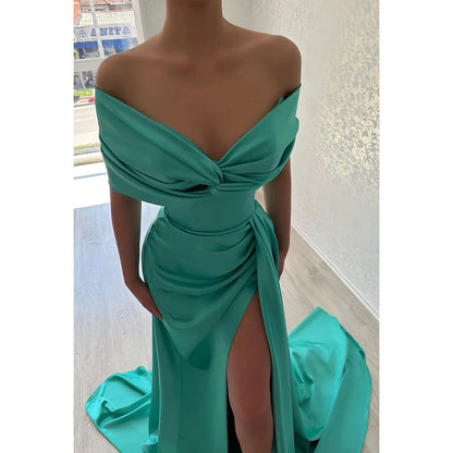 V-Neck Off-Shoulder Sleeveless Ruched Satin Sheath Long Evening Dress