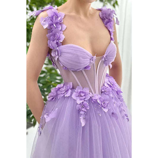 Tüll A-Linie Herzausschnitt Spaghettiträger Blumen Applikationen Party Ball Abendkleid 