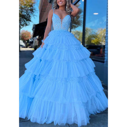 V-neck A-line Appliques Tiered Tulle Party Prom Evening Dress