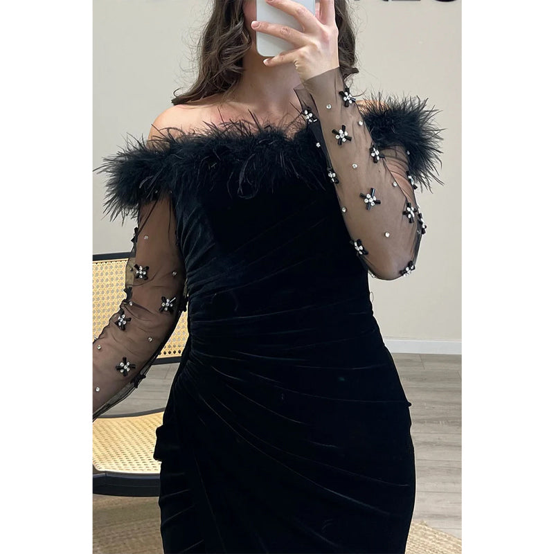 Feather Off-shoulder Beaded Velvet Sheath Long Prom Dress Evening Gown