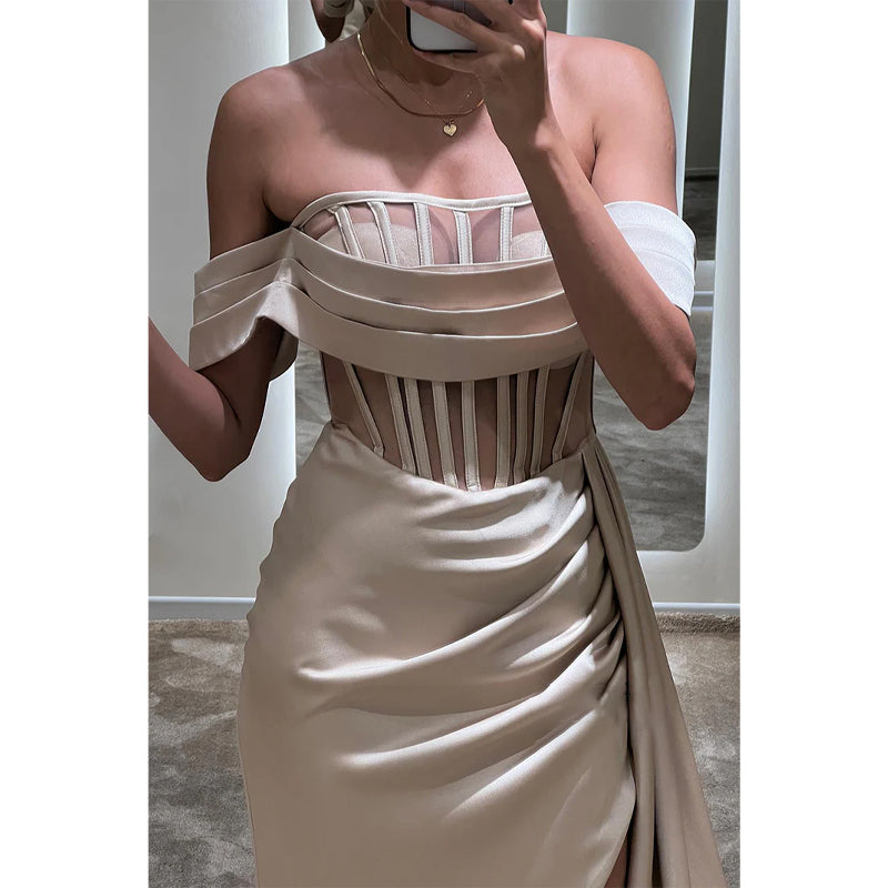 sexy &amp; heißes schulterfreies langes Ballkleid aus Satin mit Illusionsfalten und Schlitz 