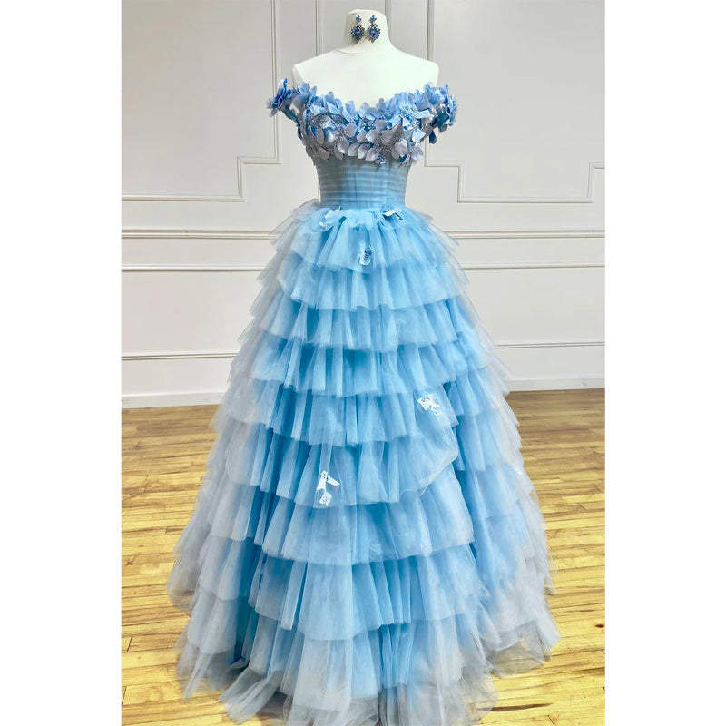 Tulle A-line Off-shoulder Tiered Appliques with Side Slit Party Prom Evening Dress