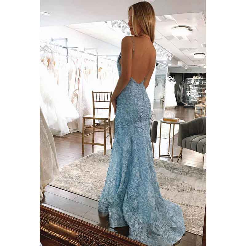 Sheath/Column V-Neck Lace Appliques Backless Prom Evening Formal Dress