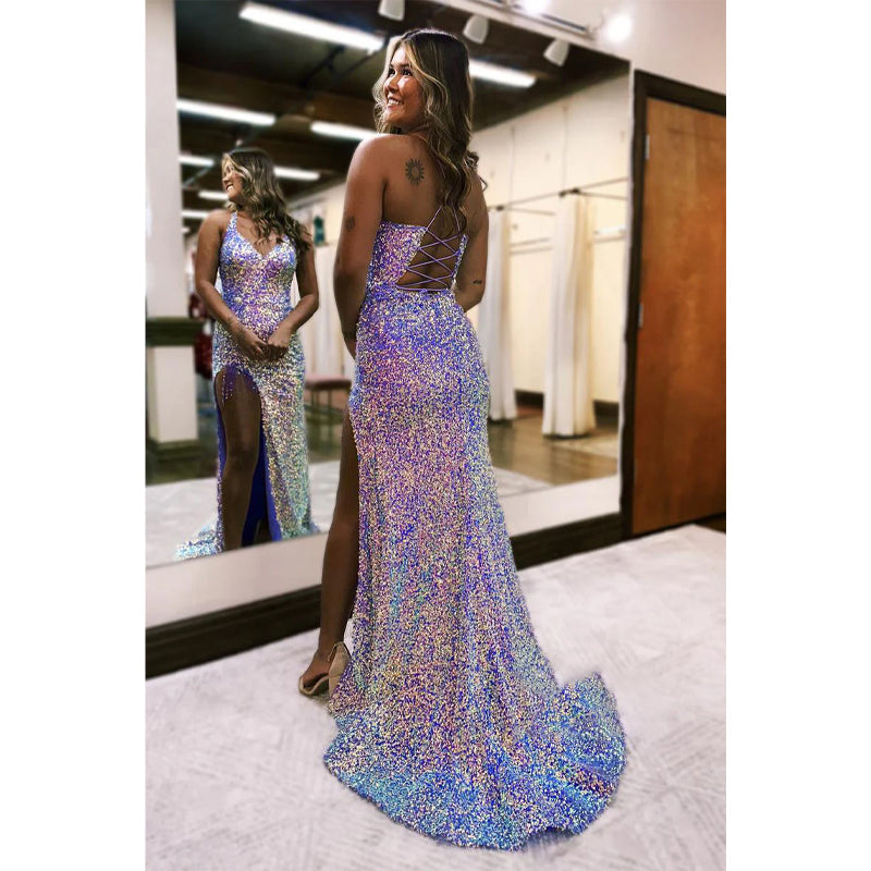 Sexy & Hot V-neck Sequins Straps Long Prom Dress with Slit