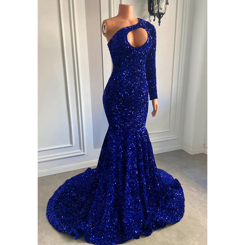 Unique Scoop Long Sleeves Sequins Sparkly Prom Dress