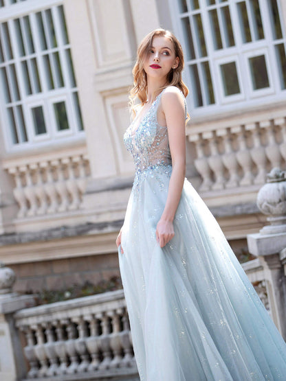 NumberSea A-line Tulle V-neck Luxurious Sexy Formal Evening Dresses Sleeveless Floor Length