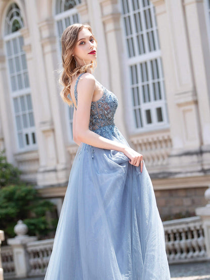 NumberSea A-line Tulle V-neck Luxurious Sexy Formal Evening Dresses Sleeveless Floor Length