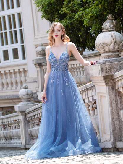 NumberSea A-line Tulle Luxurious Sexy Formal Evening Dresses Spaghetti Strap Sleeveless Floor Length