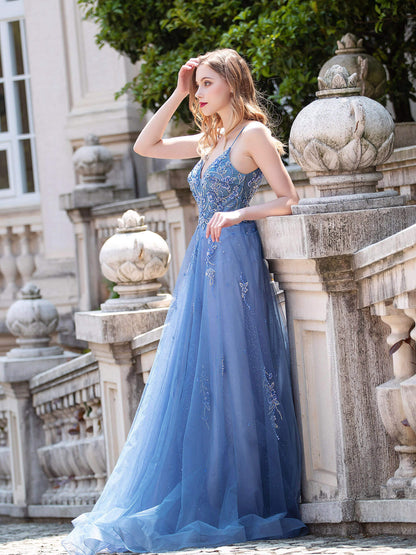 NumberSea A-line Tulle Luxurious Sexy Formal Evening Dresses Spaghetti Strap Sleeveless Floor Length