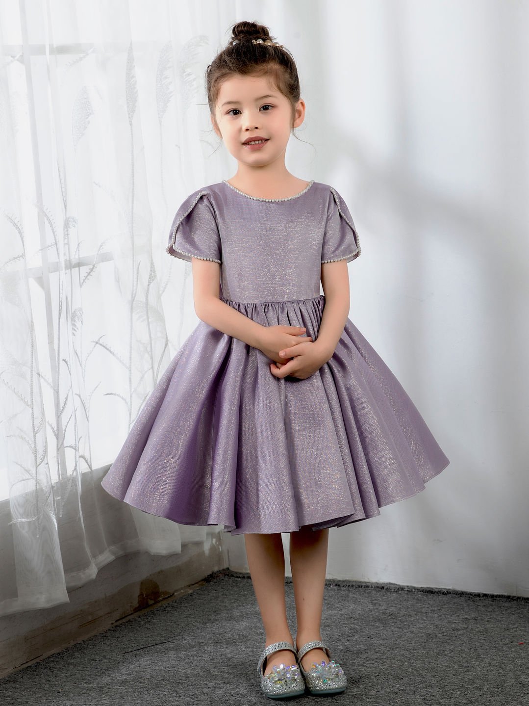 NumberSea - Satin Kids Princess Cute Dresses Short Sleeves Birthday Dress Children's Occasion Wear Party Dresses Flower Girl Dresses