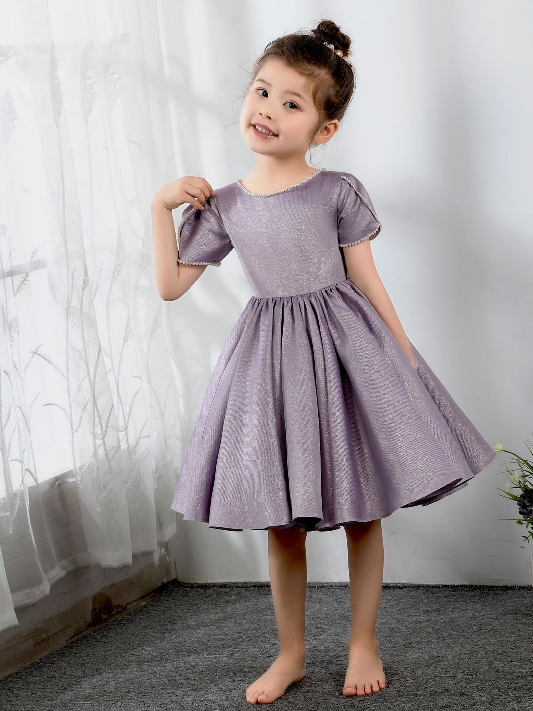 NumberSea - Satin Kids Princess Cute Dresses Short Sleeves Birthday Dress Children's Occasion Wear Party Dresses Flower Girl Dresses