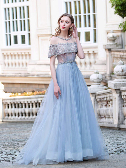 NumberSea A-Line Tulle Beaded Luxurious Fashion Formal Evening Dresses Short Sleeves Floor Length Prom Dresses