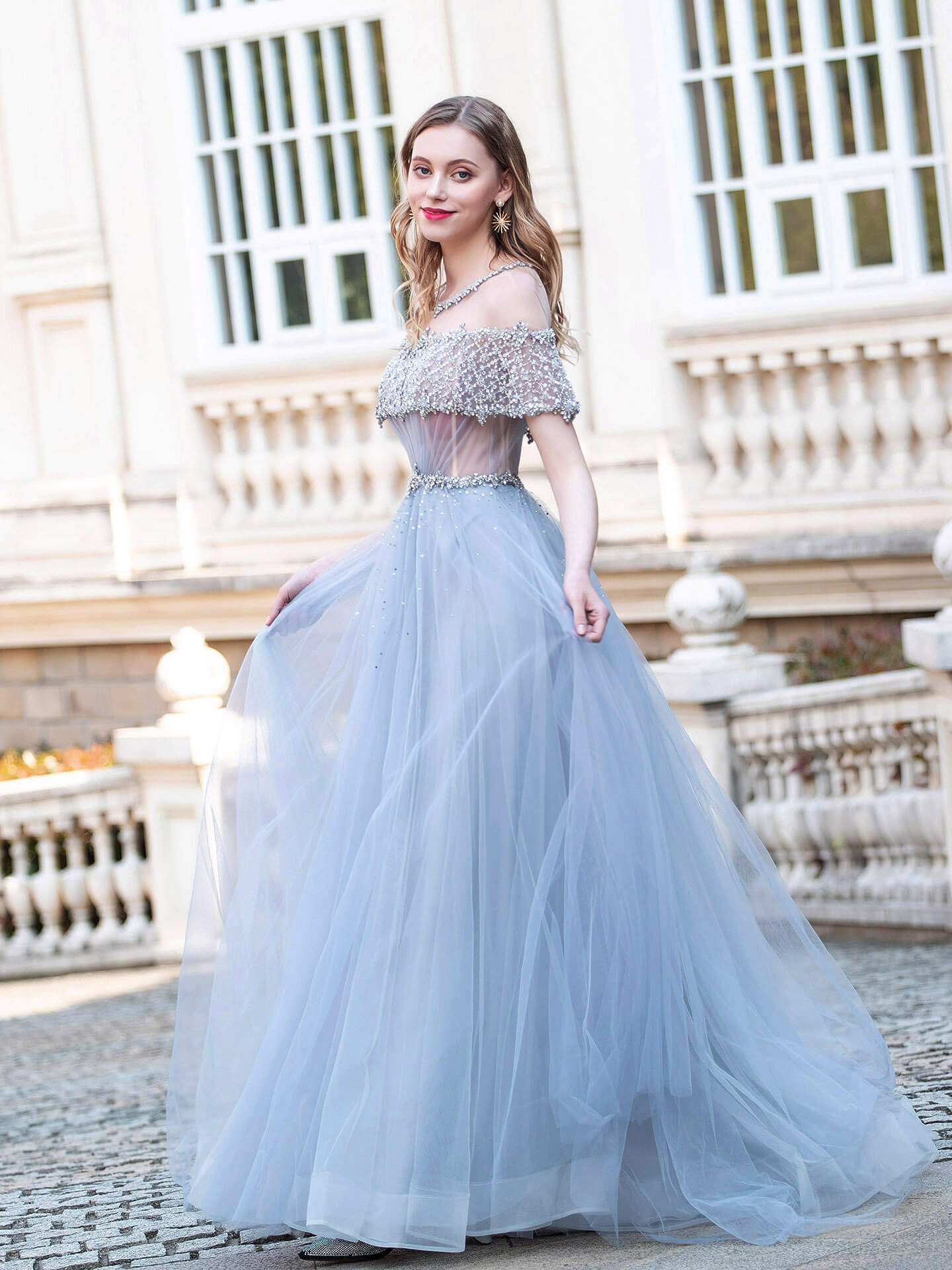 NumberSea A-Line Tulle Beaded Luxurious Fashion Formal Evening Dresses Short Sleeves Floor Length Prom Dresses