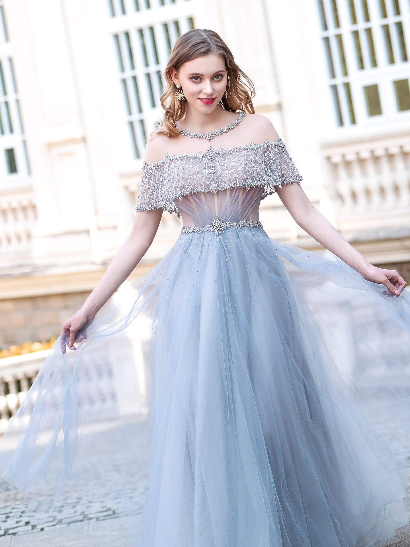 NumberSea A-Line Tulle Beaded Luxurious Fashion Formal Evening Dresses Short Sleeves Floor Length Prom Dresses