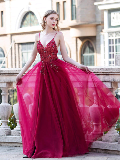 A-line Luxurious Sexy Formal Evening Dresses Spaghetti Strap Sleeveless With Slit Floor Length Prom Dresses