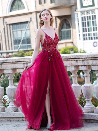 A-line Luxurious Sexy Formal Evening Dresses Spaghetti Strap Sleeveless With Slit Floor Length Prom Dresses