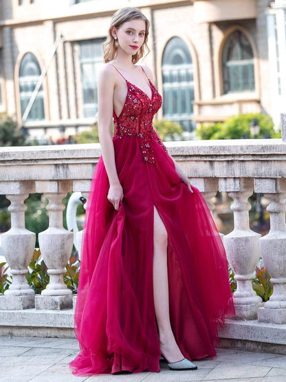 A-line Luxurious Sexy Formal Evening Dresses Spaghetti Strap Sleeveless With Slit Floor Length Prom Dresses