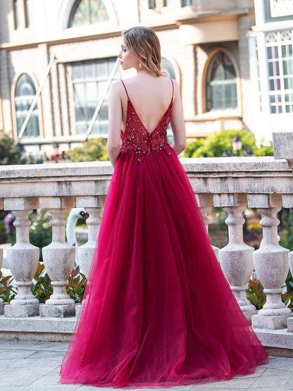 A-line Luxurious Sexy Formal Evening Dresses Spaghetti Strap Sleeveless With Slit Floor Length Prom Dresses