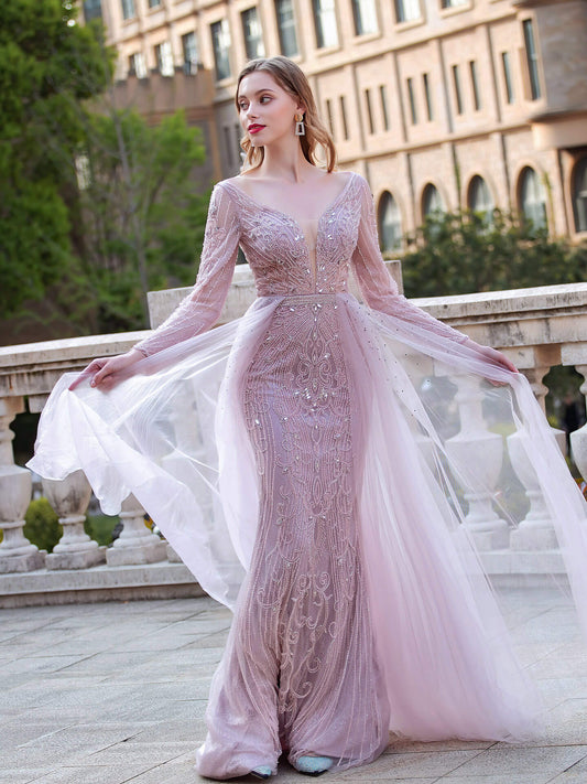 Numbersea Mermaid V-neck Beaded Luxurious Fashion Formal Evening Dresses Long Sleeve Floor Length Prom Dresses