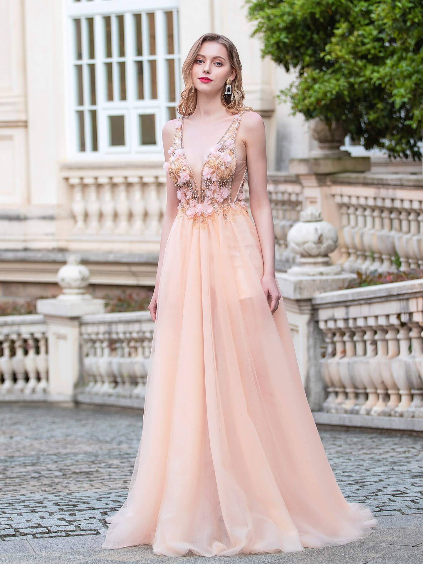 A-line Luxurious Fashion Sexy V-neck Formal Evening Dresses Sleeveless Floor Length Prom Dresses