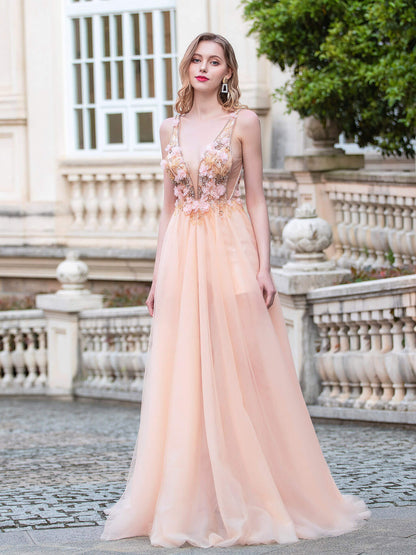 A-line Luxurious Fashion Sexy V-neck Formal Evening Dresses Sleeveless Floor Length Prom Dresses