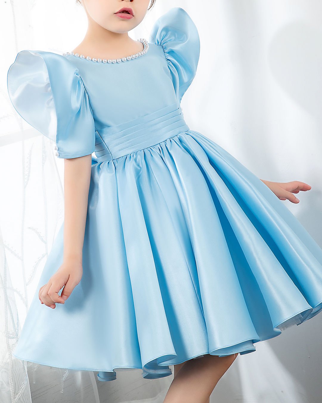 NumberSea - Light Blue Satin Girls Princess Cute Dresses Birthday Dress Party Dresses Kids Dresses Boutique