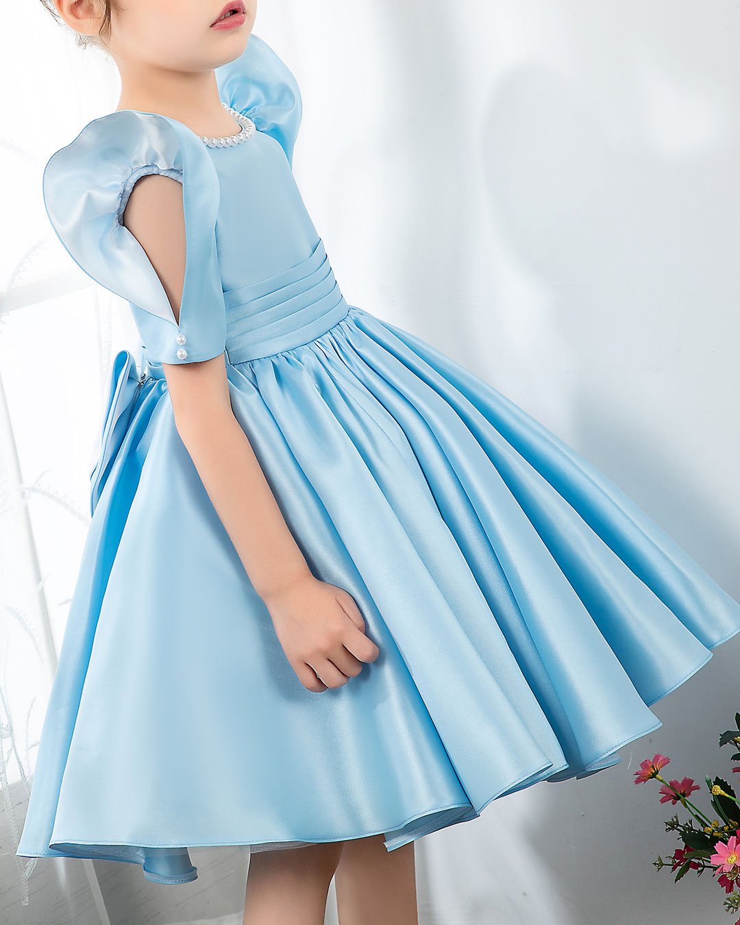 NumberSea - Light Blue Satin Girls Princess Cute Dresses Birthday Dress Party Dresses Kids Dresses Boutique