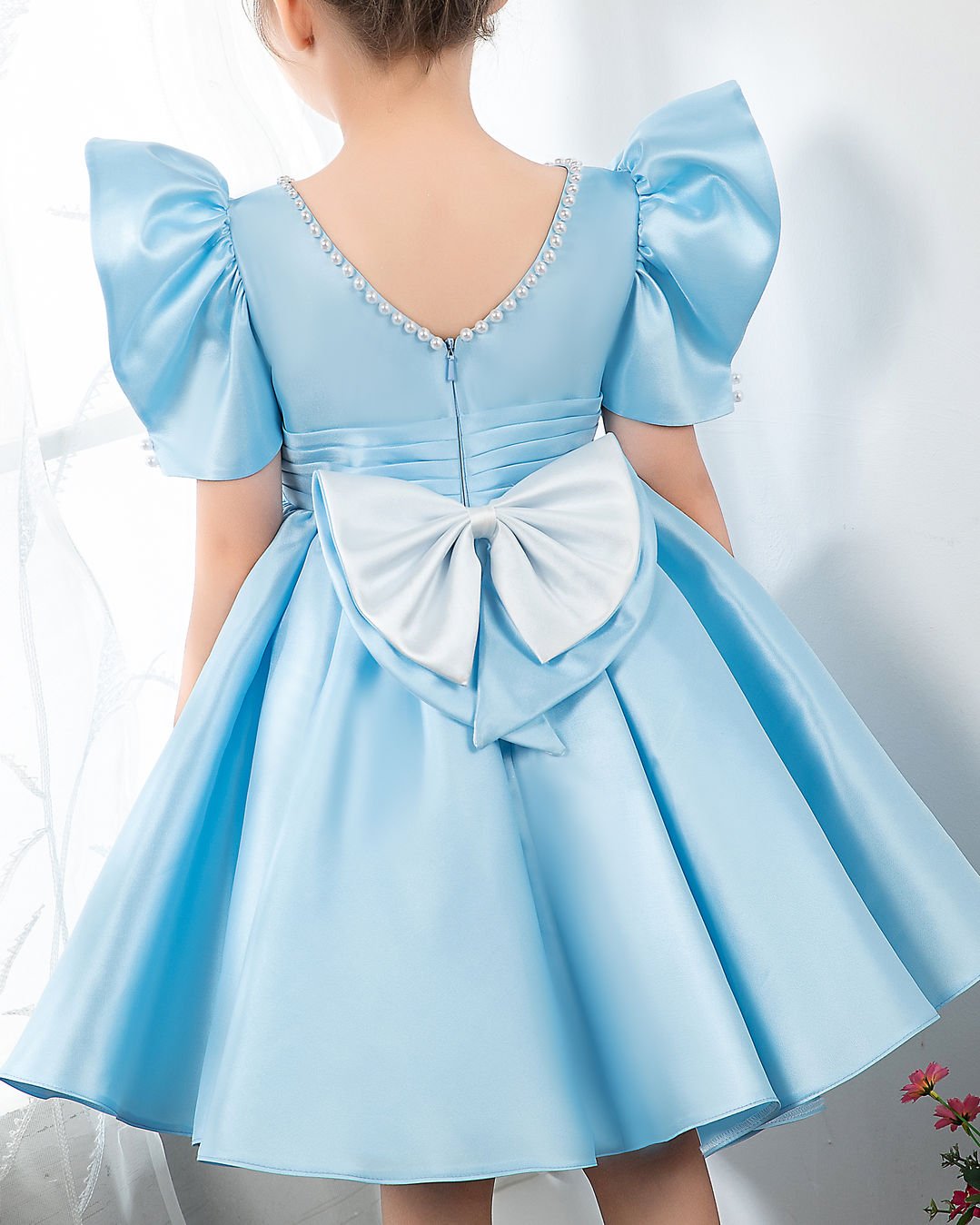 NumberSea - Light Blue Satin Girls Princess Cute Dresses Birthday Dress Party Dresses Kids Dresses Boutique