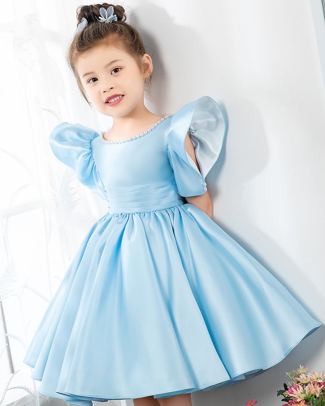 NumberSea - Light Blue Satin Girls Princess Cute Dresses Birthday Dress Party Dresses Kids Dresses Boutique