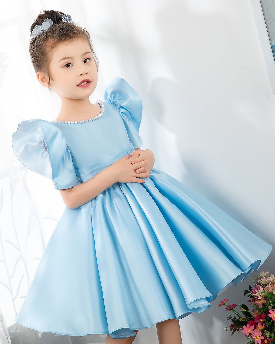 NumberSea - Light Blue Satin Girls Princess Cute Dresses Birthday Dress Party Dresses Kids Dresses Boutique