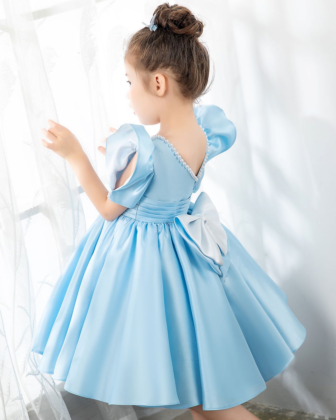 NumberSea - Light Blue Satin Girls Princess Cute Dresses Birthday Dress Party Dresses Kids Dresses Boutique