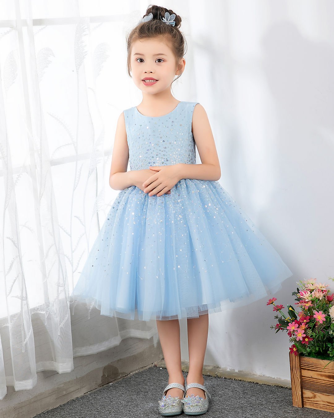 NumberSea - Light Blue Sleeveless Girls Princess Cute Dresses Birthday Dress Party Dresses Kids Dresses Boutique