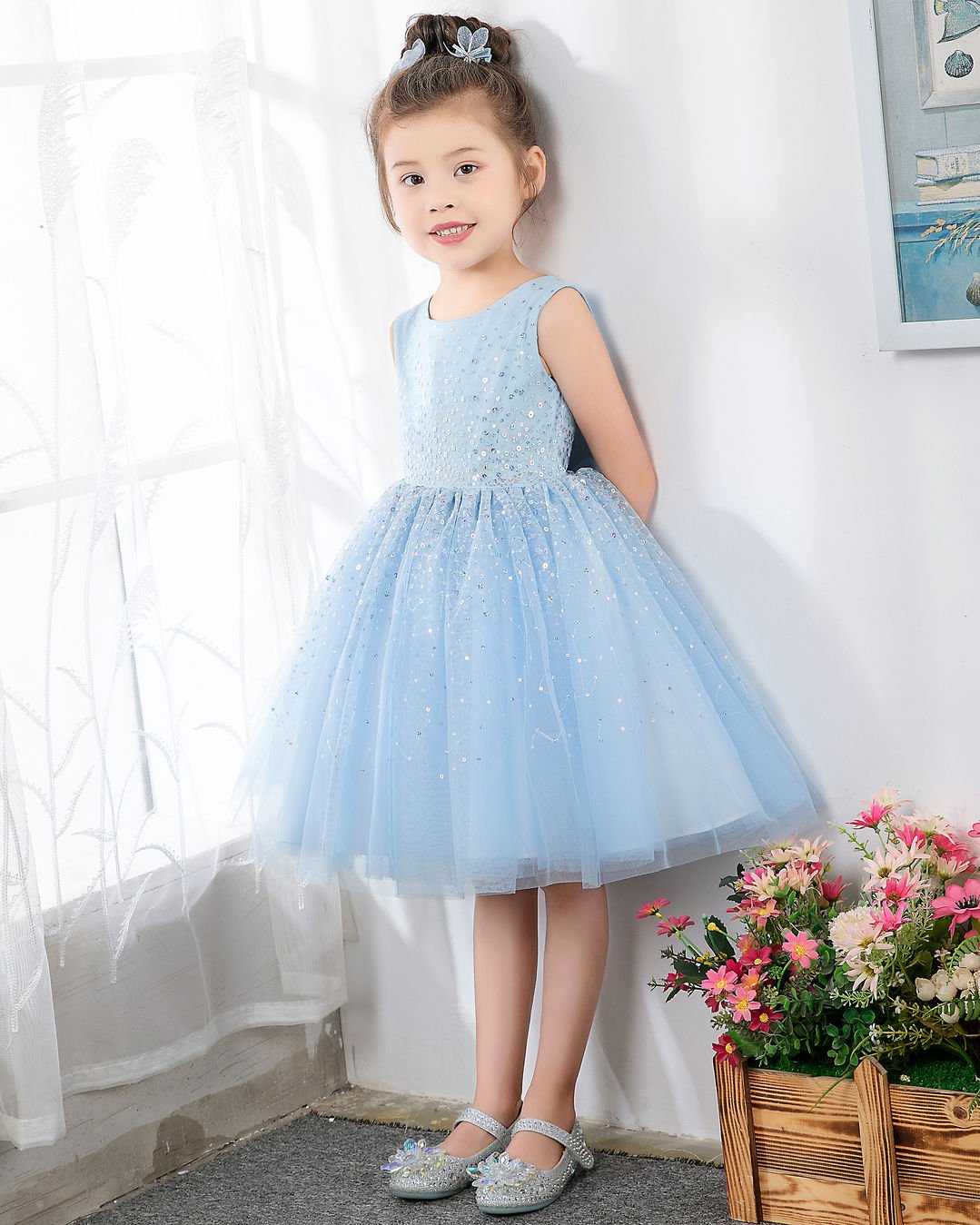 NumberSea - Light Blue Sleeveless Girls Princess Cute Dresses Birthday Dress Party Dresses Kids Dresses Boutique