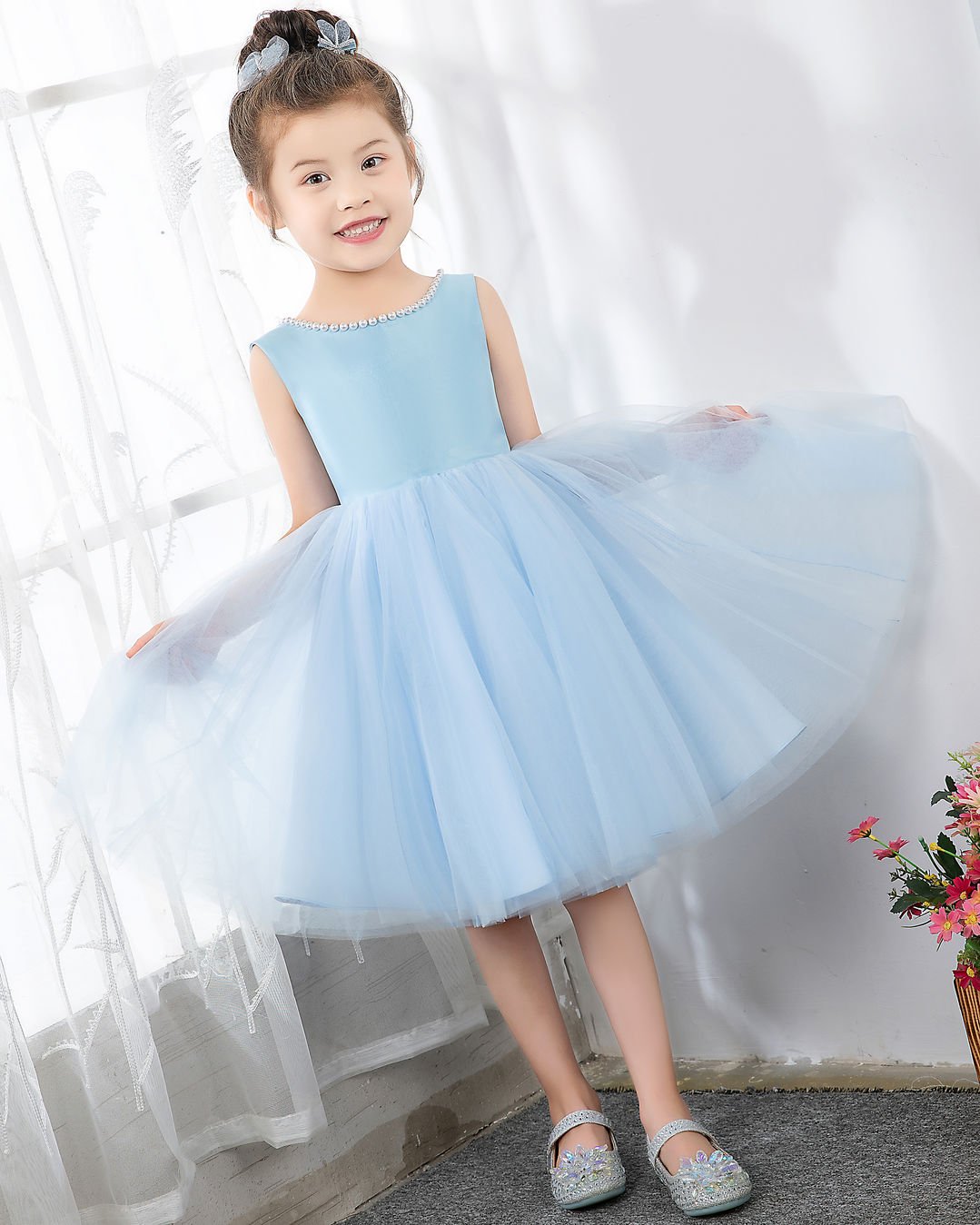 NumberSea - Light Blue Sleeveless Girls Princess Cute Dresses Birthday Dress Party Dresses Kids Dresses