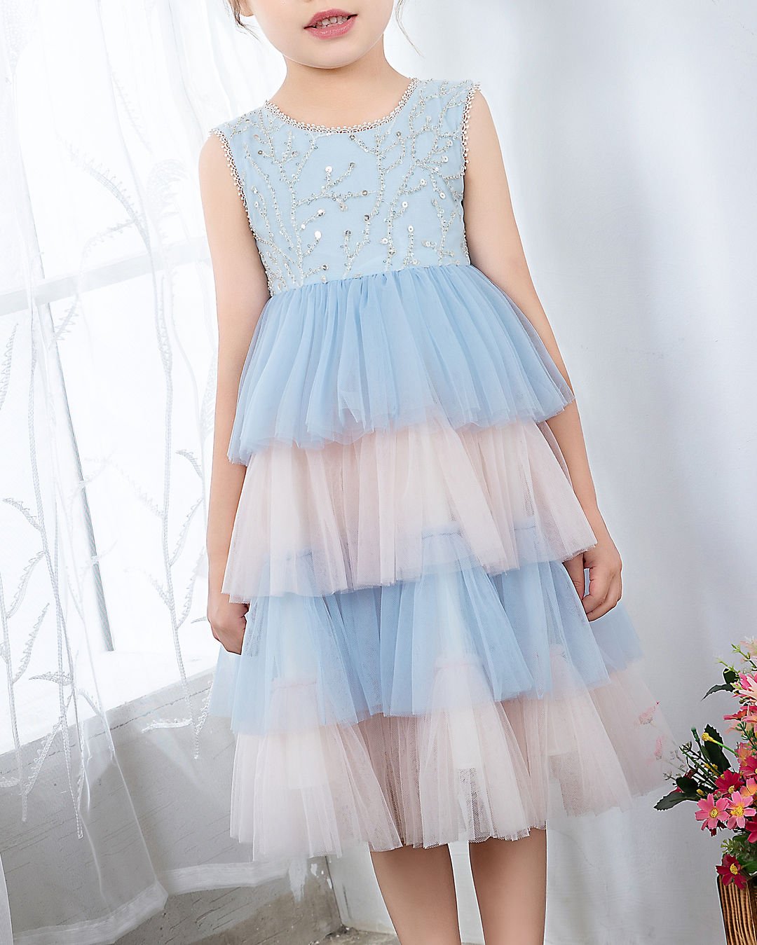 NumberSea - Light Blue Sleeveless Beaded Girls Princess Dresses Birthday Dress Party Dresses Kids Fashion Dresses