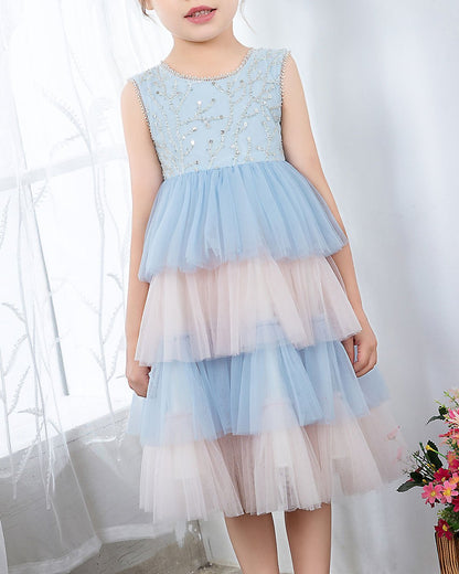 NumberSea - Light Blue Sleeveless Beaded Girls Princess Dresses Birthday Dress Party Dresses Kids Fashion Dresses