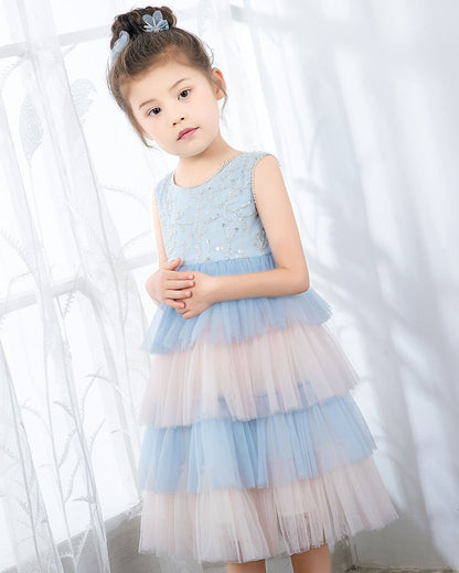 NumberSea - Light Blue Sleeveless Beaded Girls Princess Dresses Birthday Dress Party Dresses Kids Fashion Dresses